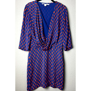 Diane Von Furstenberg Sz 2 Rachel Dress Print GGT Silk Blue Red Faux‎ Wrap Dress